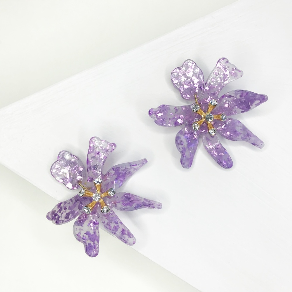 Mini Crystal Lily Drop Earrings in Purple